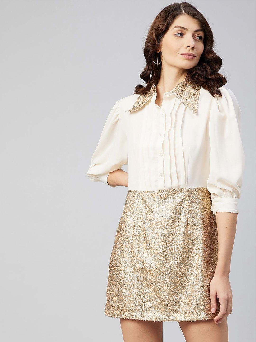 rare off women white & gold-toned embellished crepe a-line mini dress