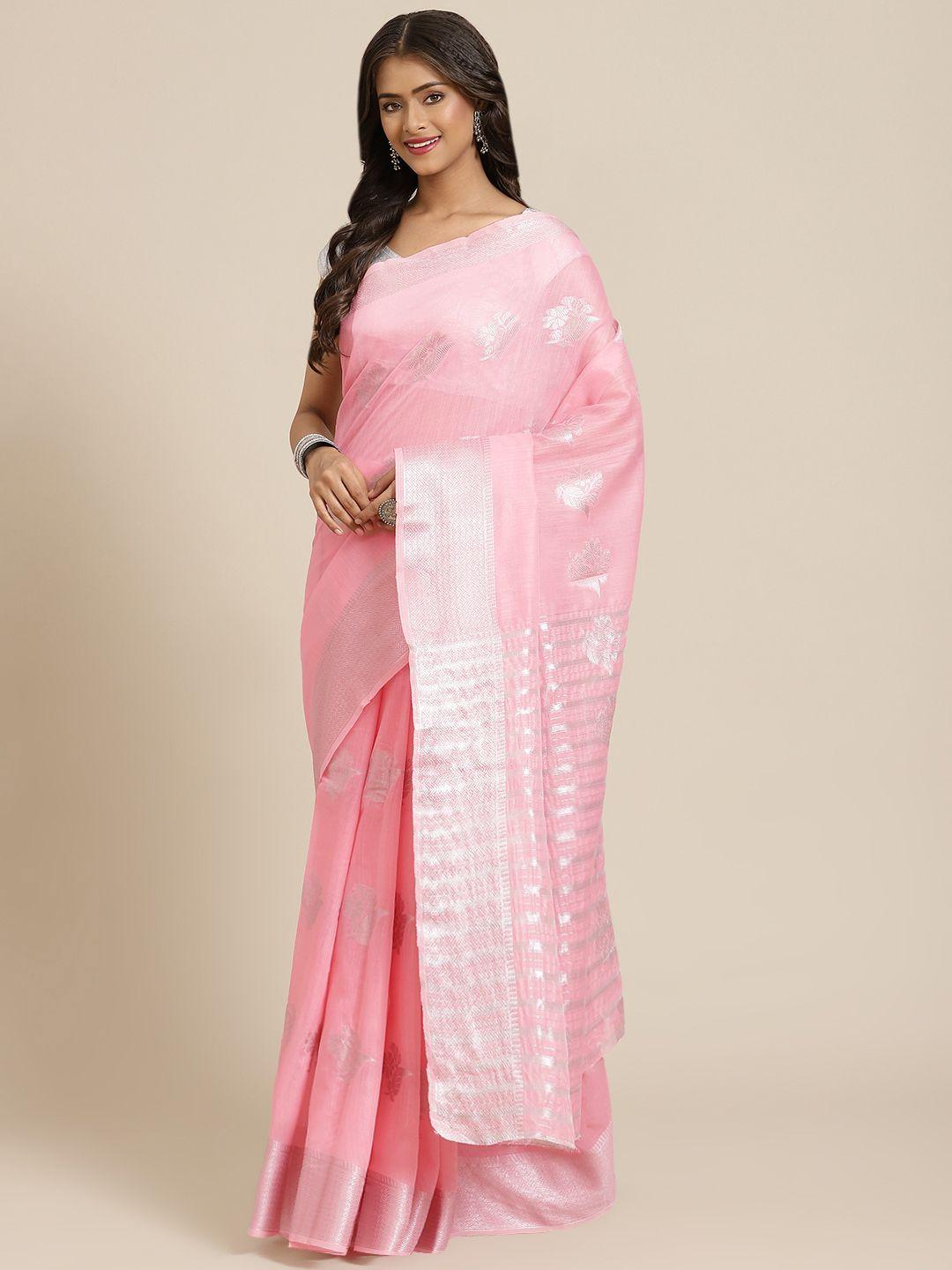 mitera pink & silver-toned ethnic motifs zari linen blend block print saree