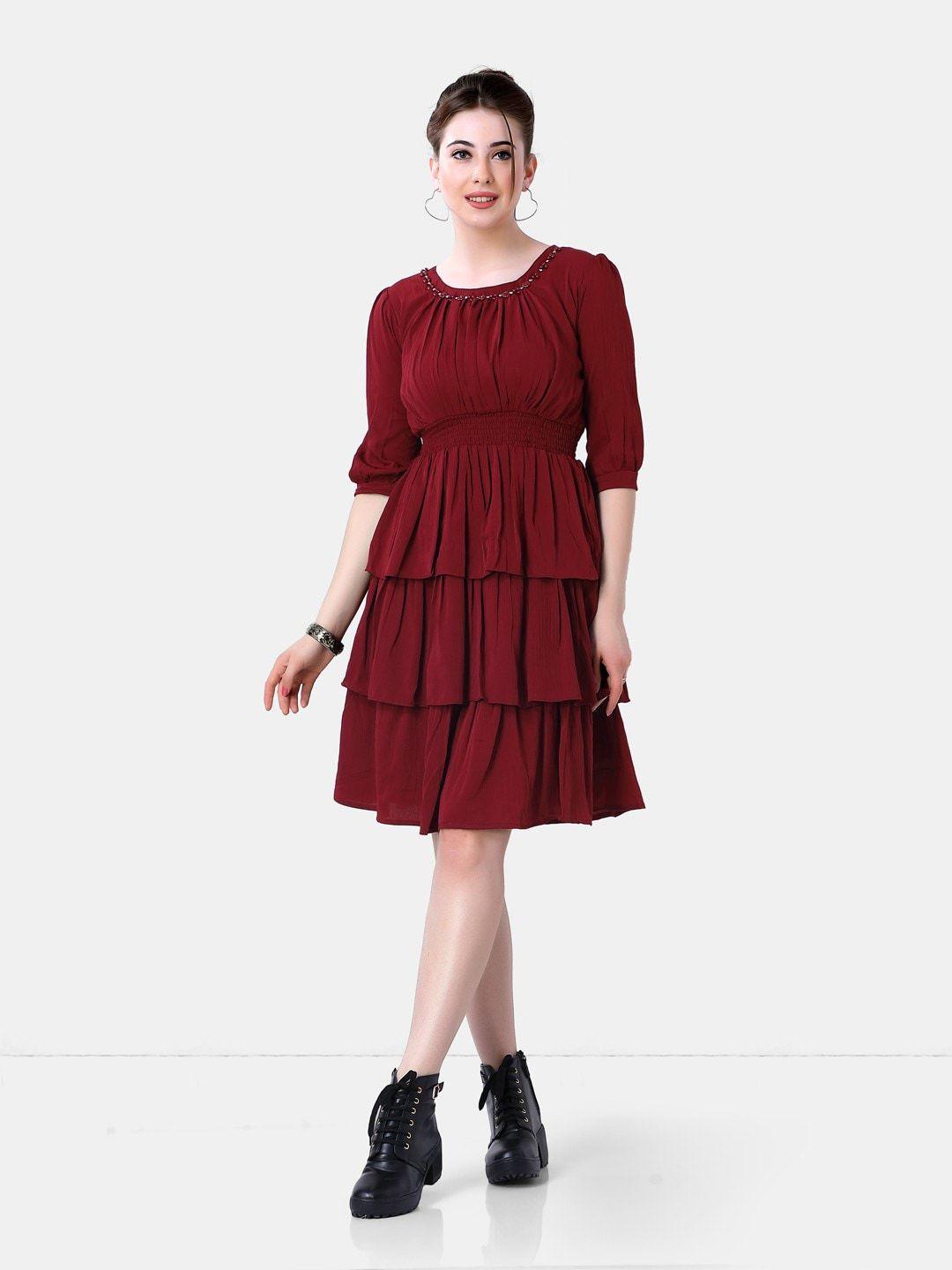 poplins maroon layered fit & flared georgette dress