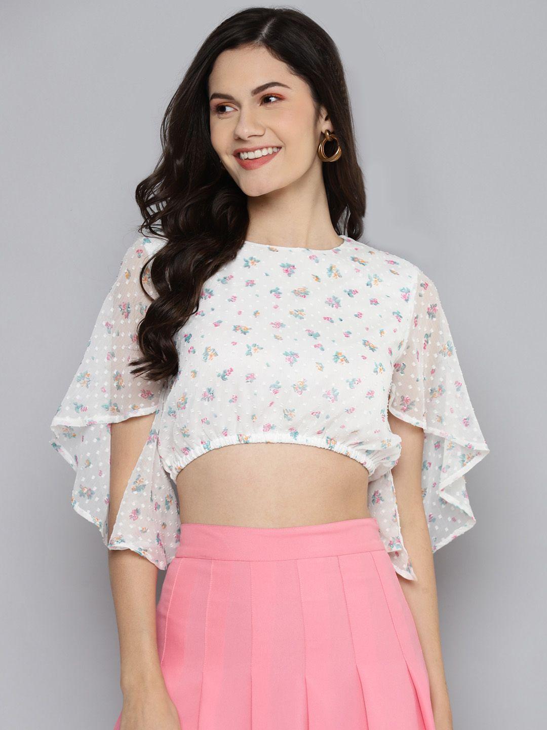 sassafras white & pink floral print crop top