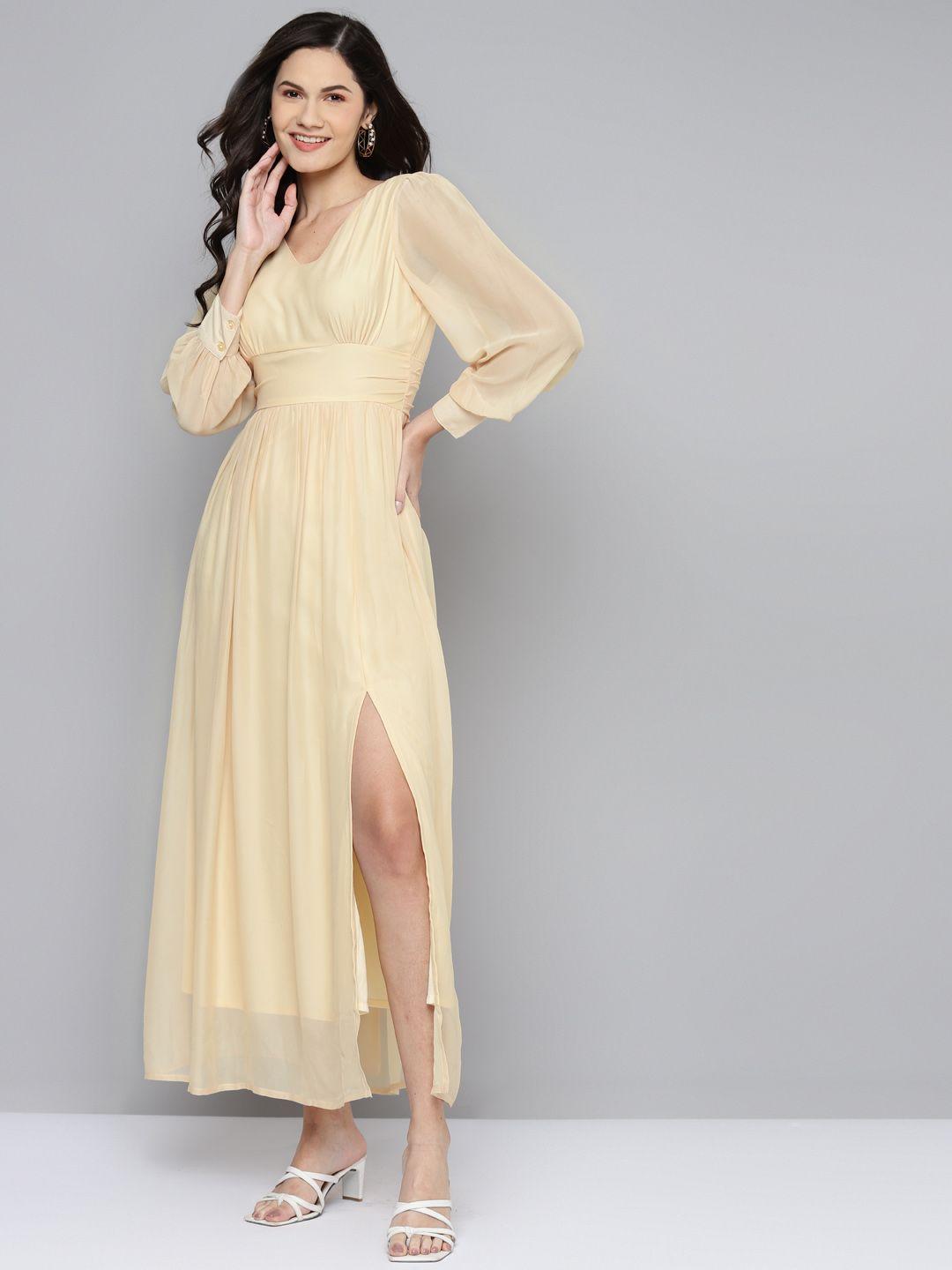 sassafras beige maxi dress with side slit