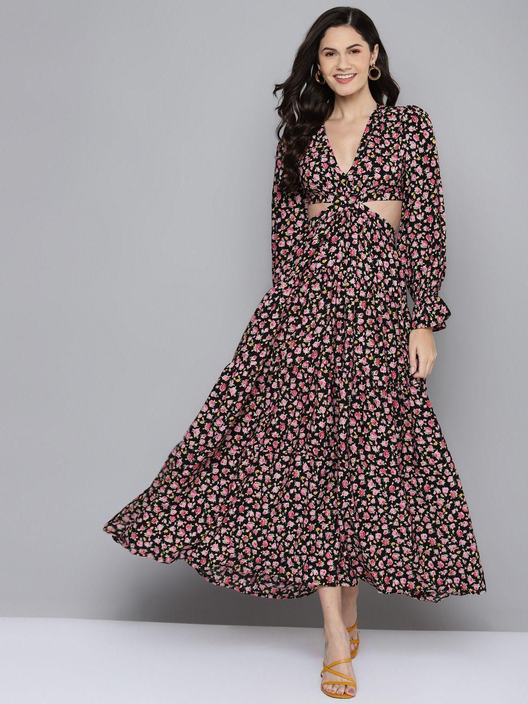 sassafras black & pink floral waist cut-out maxi dress