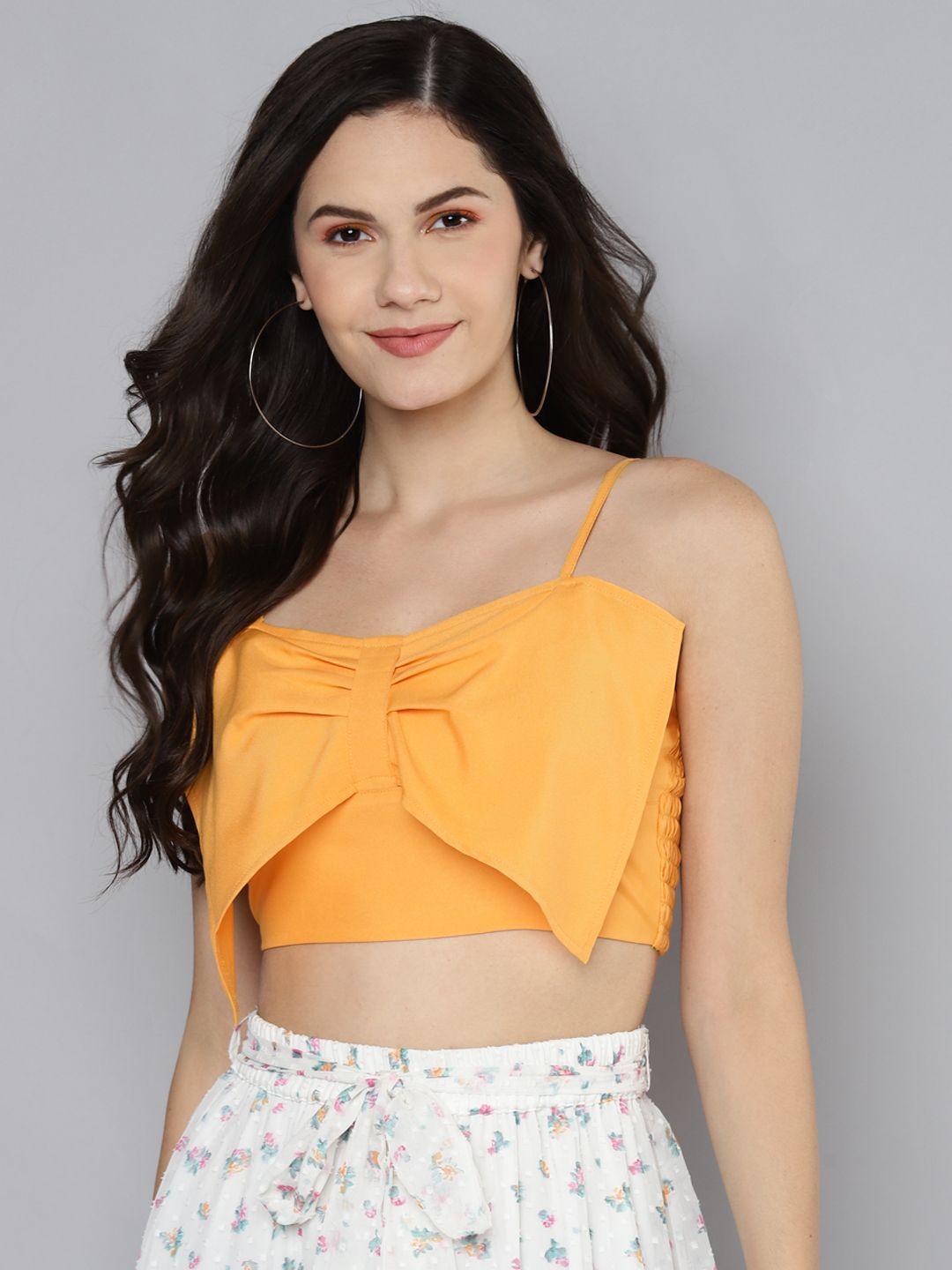 sassafras orange smocked crop top with bow detail