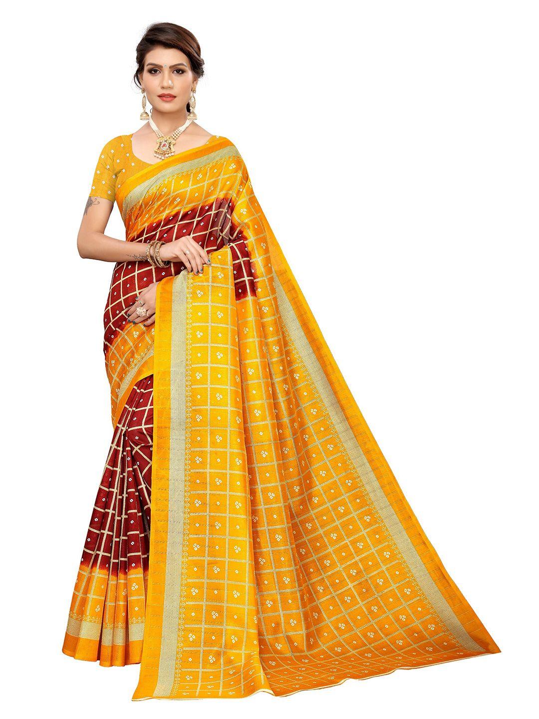 saadhvi maroon & mustard bandhani printed art silk saree