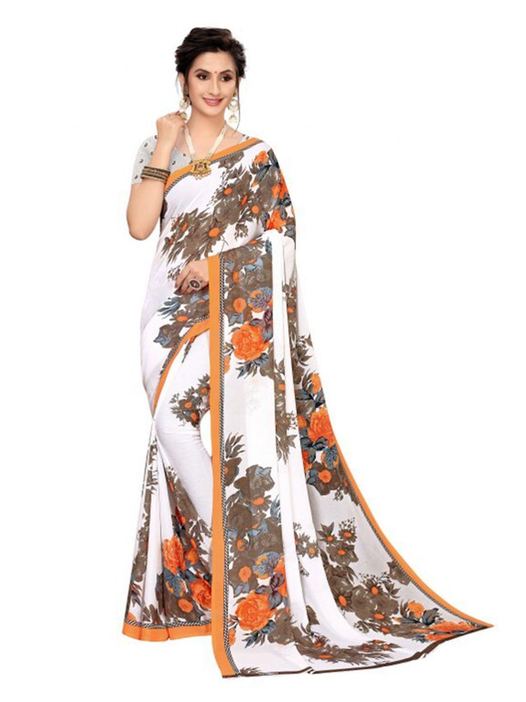 saadhvi orange & white floral pure georgette saree