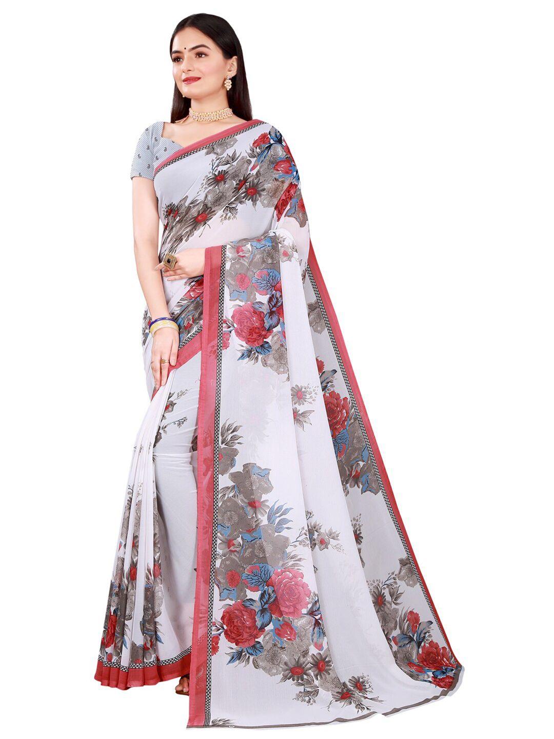 saadhvi white & pink floral pure georgette saree