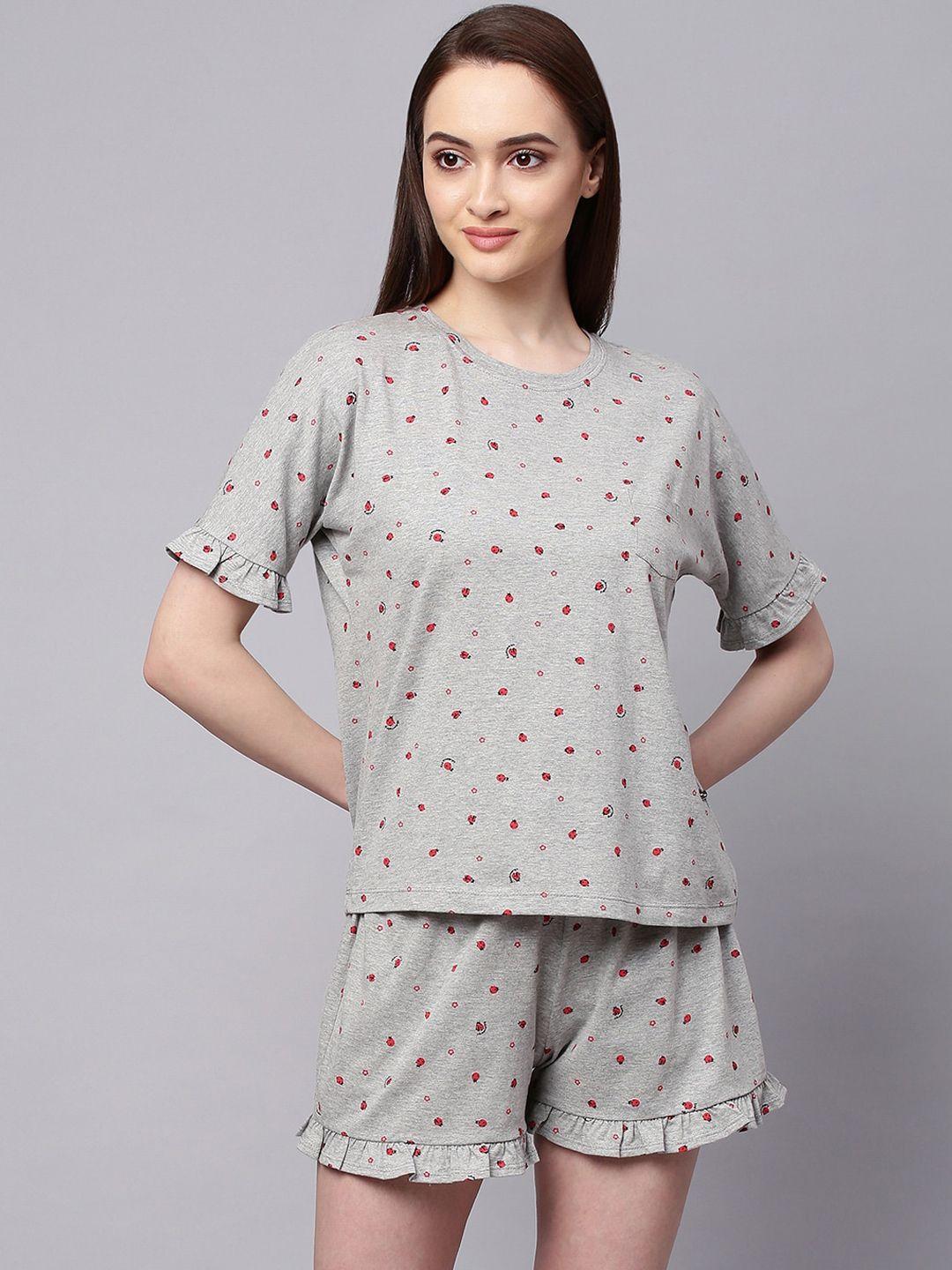 chemistry women grey & red printed cotton night suit