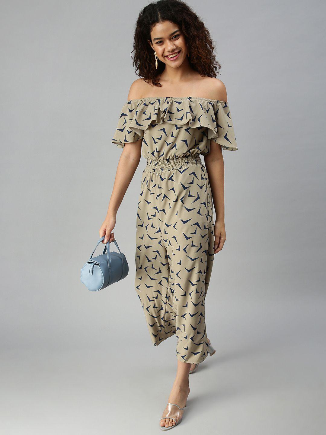 showoff taupe & navy blue off-shoulder printed basic jumpsuit