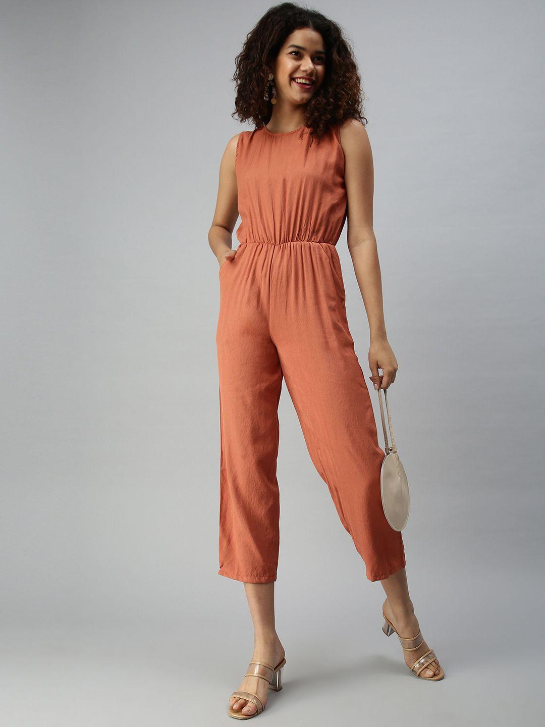 showoff women brown basic jumpsuit