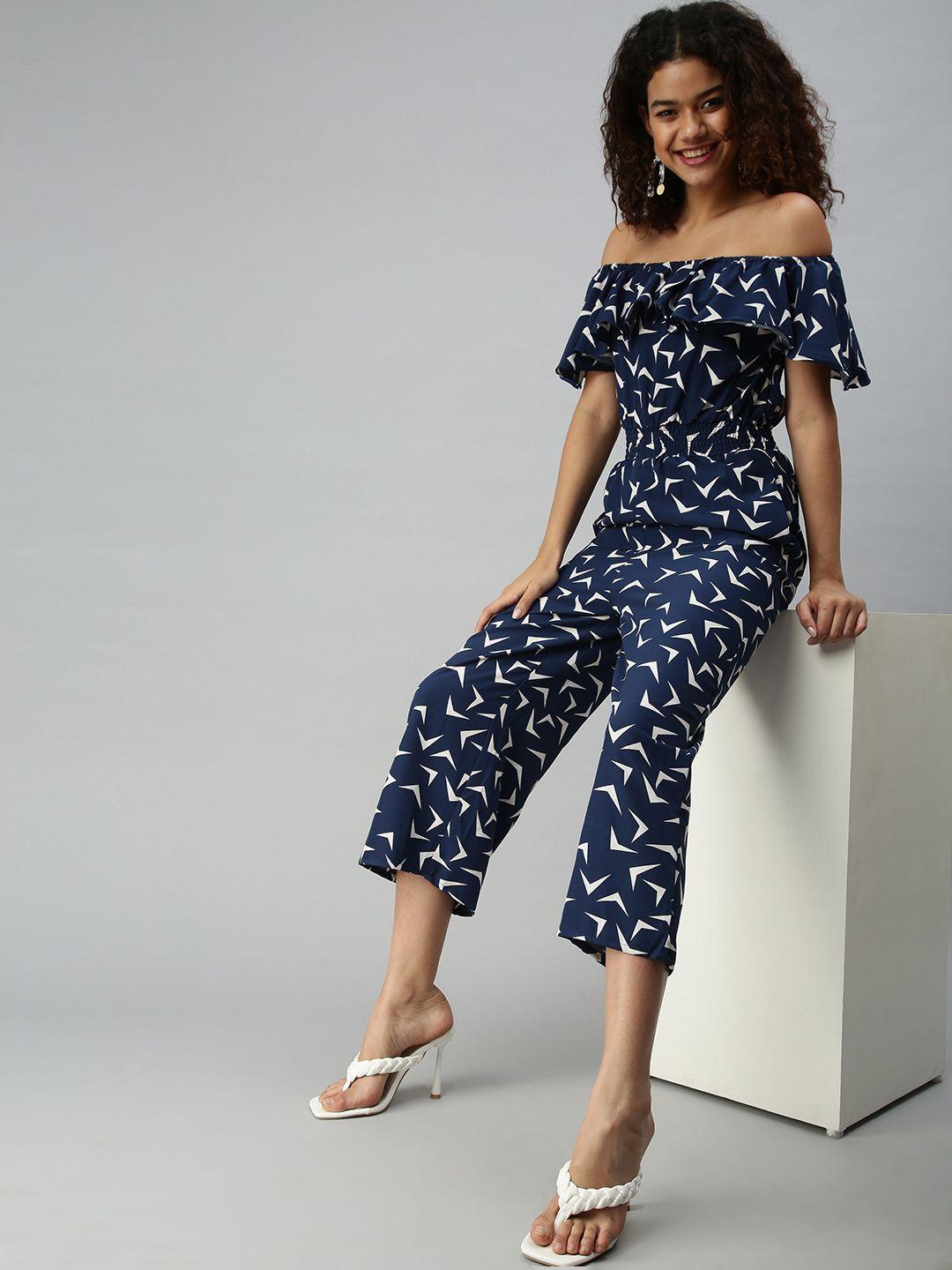 showoff blue & white off-shoulder printed basic jumpsuit