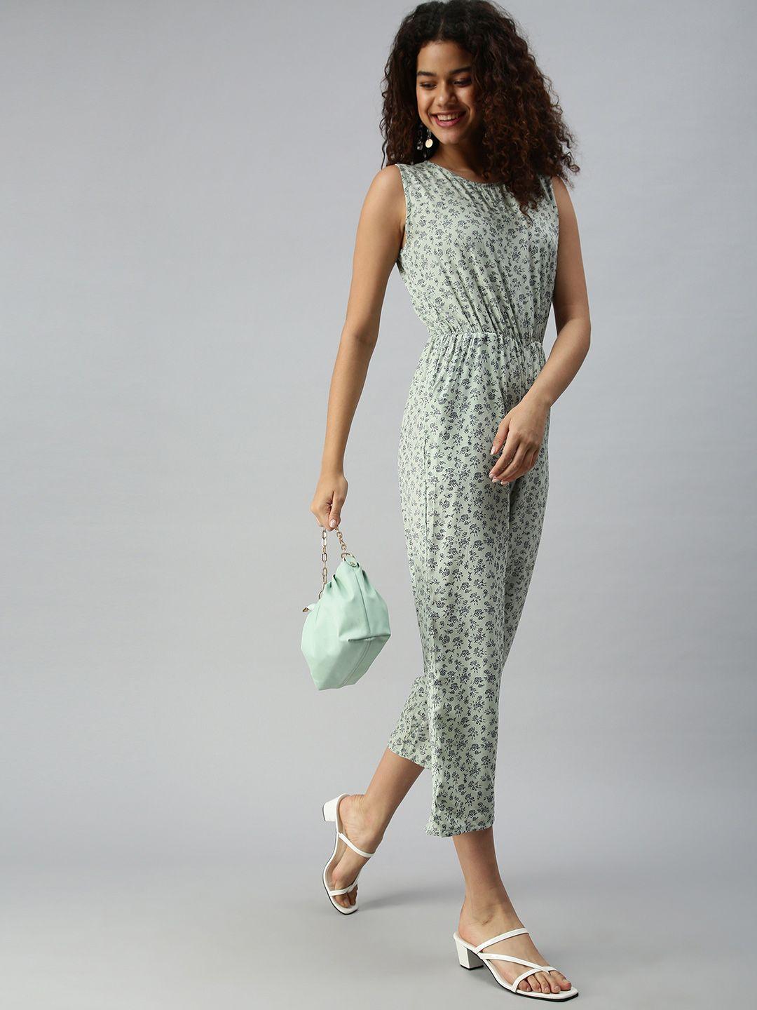 showoff mint green & black printed basic jumpsuit