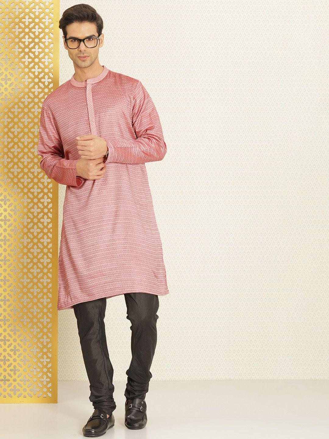 house of pataudi men maroon woven design rozana kurta