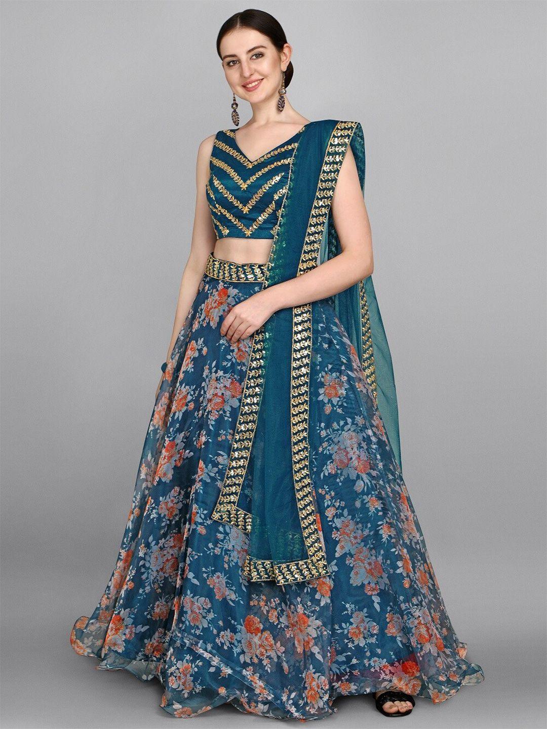 fashion basket turquoise blue embellished sequinned semi-stitched lehenga & unstitched blouse with dupatta