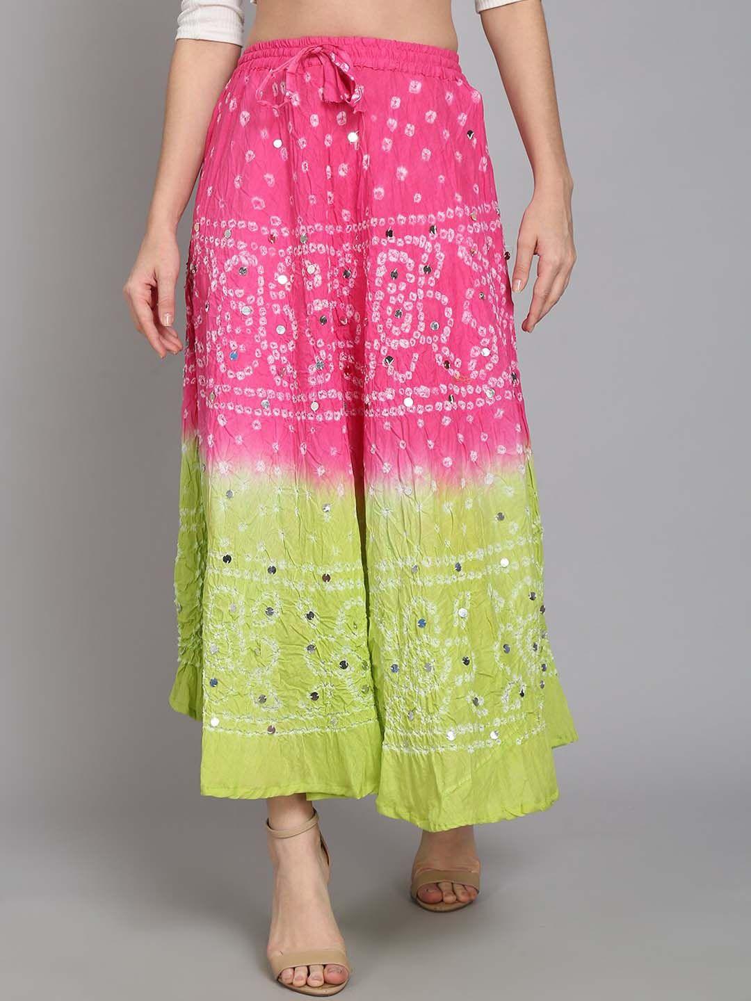 soundarya women pink & lime-green tie & dye bandhani printed flared maxi skirt