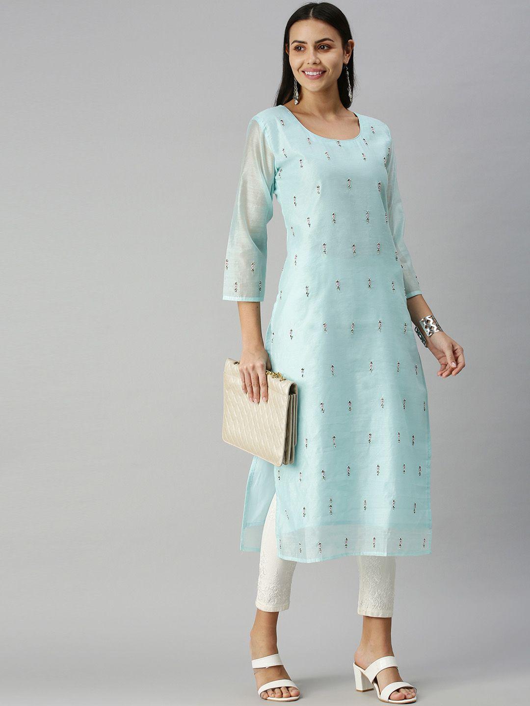 showoff women turquoise blue embellished straight kurta