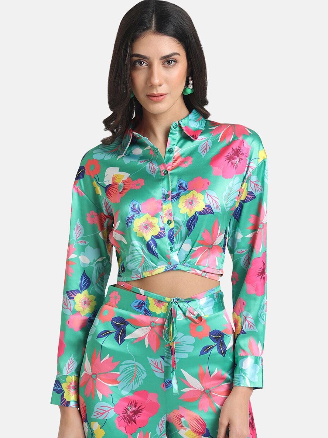 kazo women green floral printed casual shirt