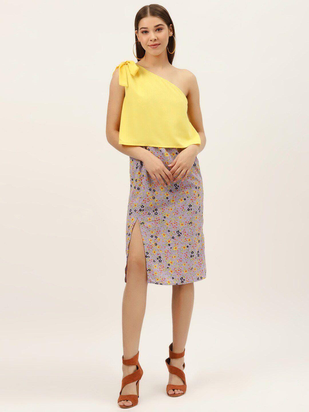 dodo & moa yellow & grey floral one shoulder blouson dress