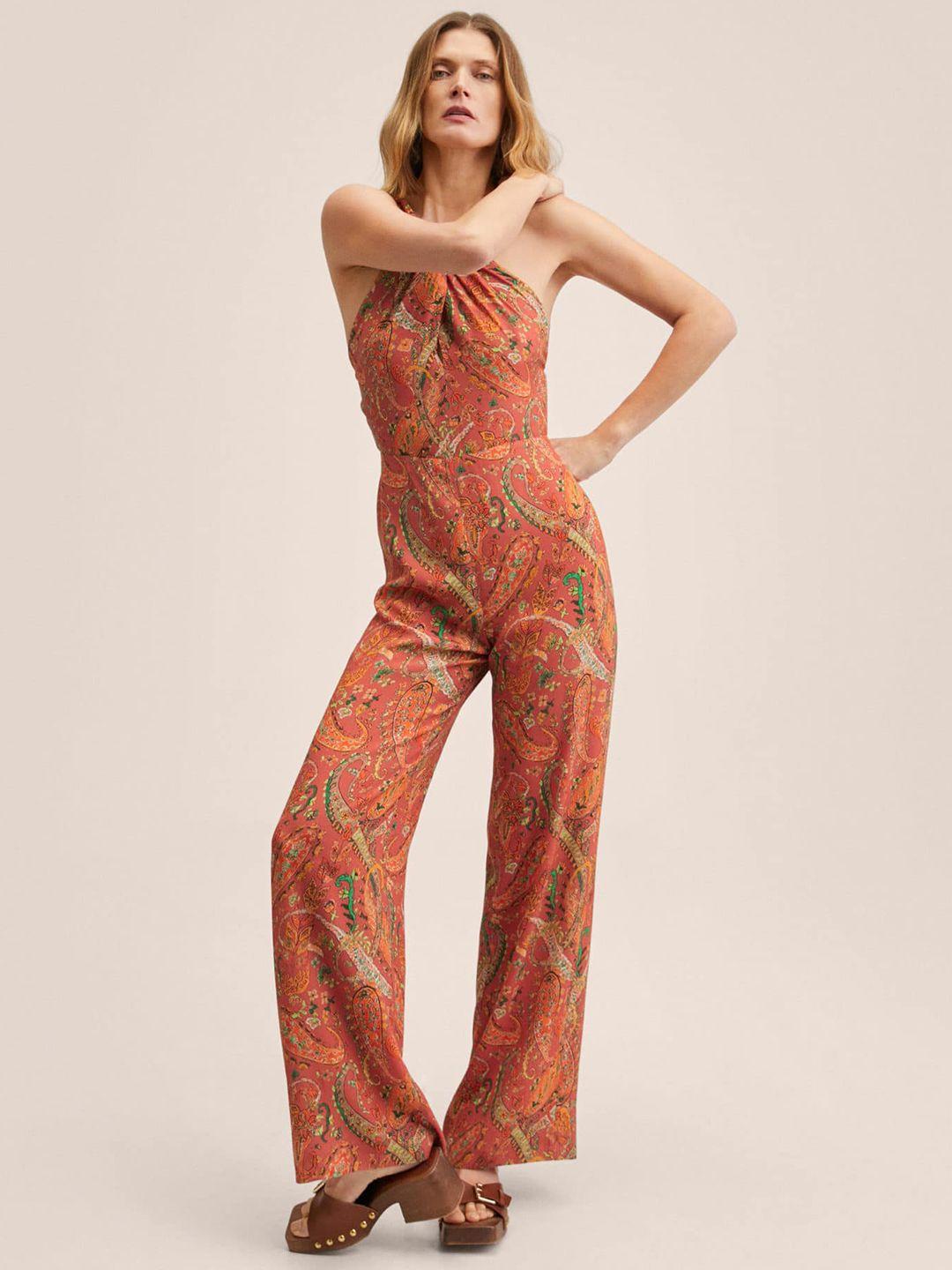 mango red & green halter neck paisley printed basic jumpsuit