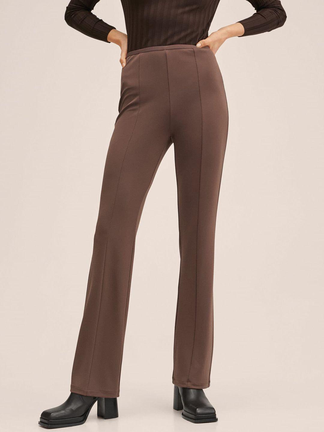 mango women coffee brown solid flared trousers