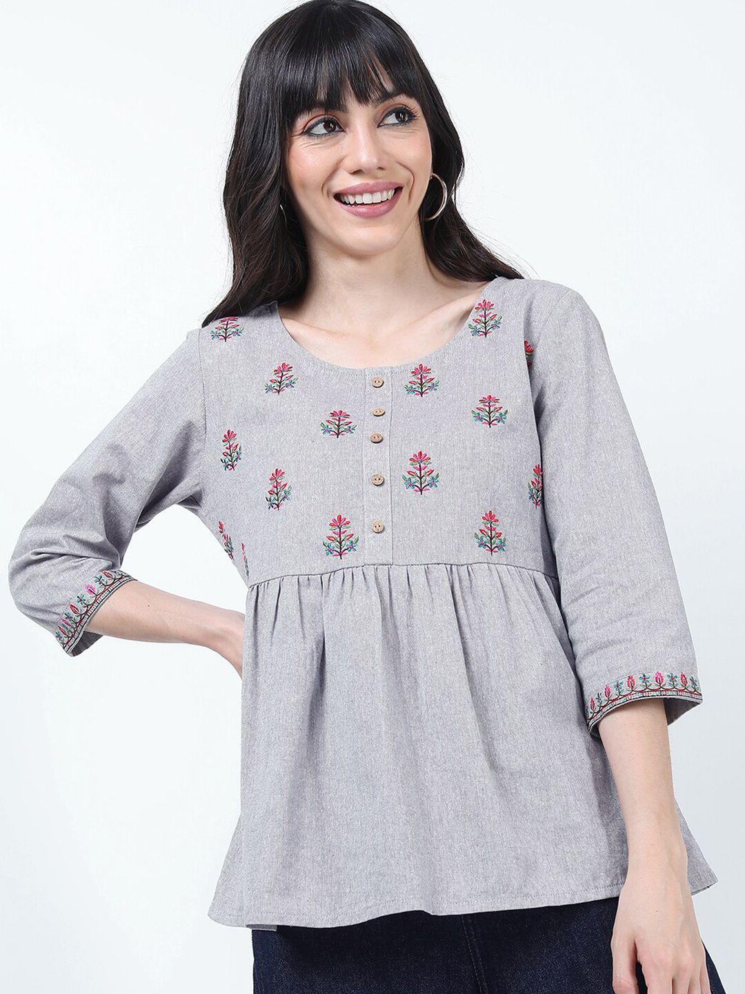 vishudh grey floral embroidered peplum top