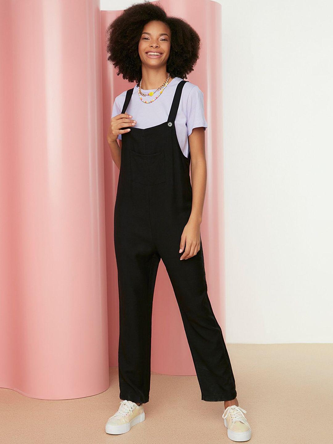 trendyol black linen basic jumpsuit