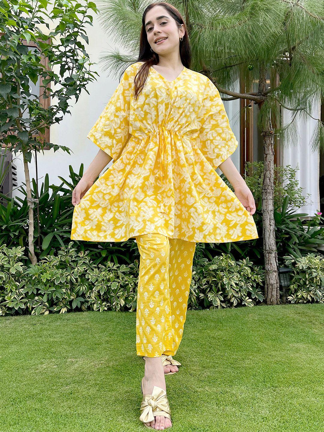 libas women yellow & white printed cotton night suit