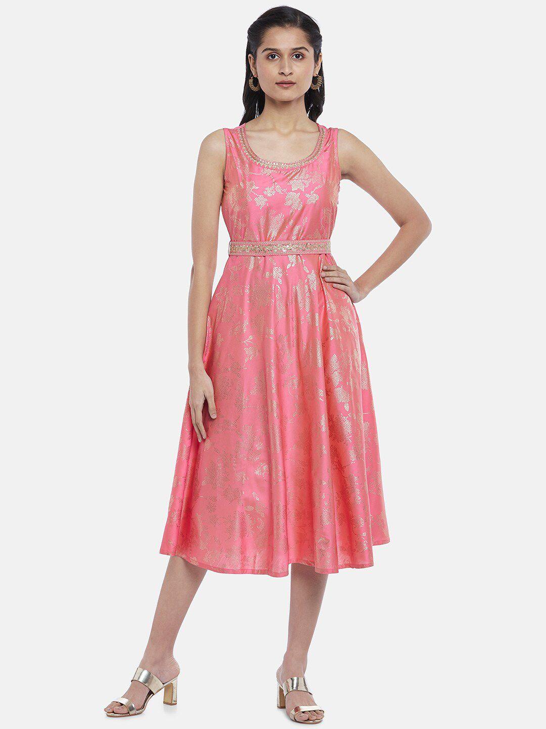 akkriti by pantaloons pink ethnic motifs sequined crepe belted ethnic midi dress