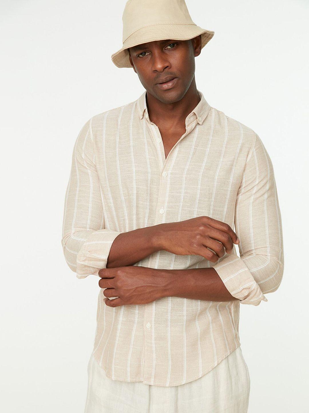 trendyol men beige striped casual shirt