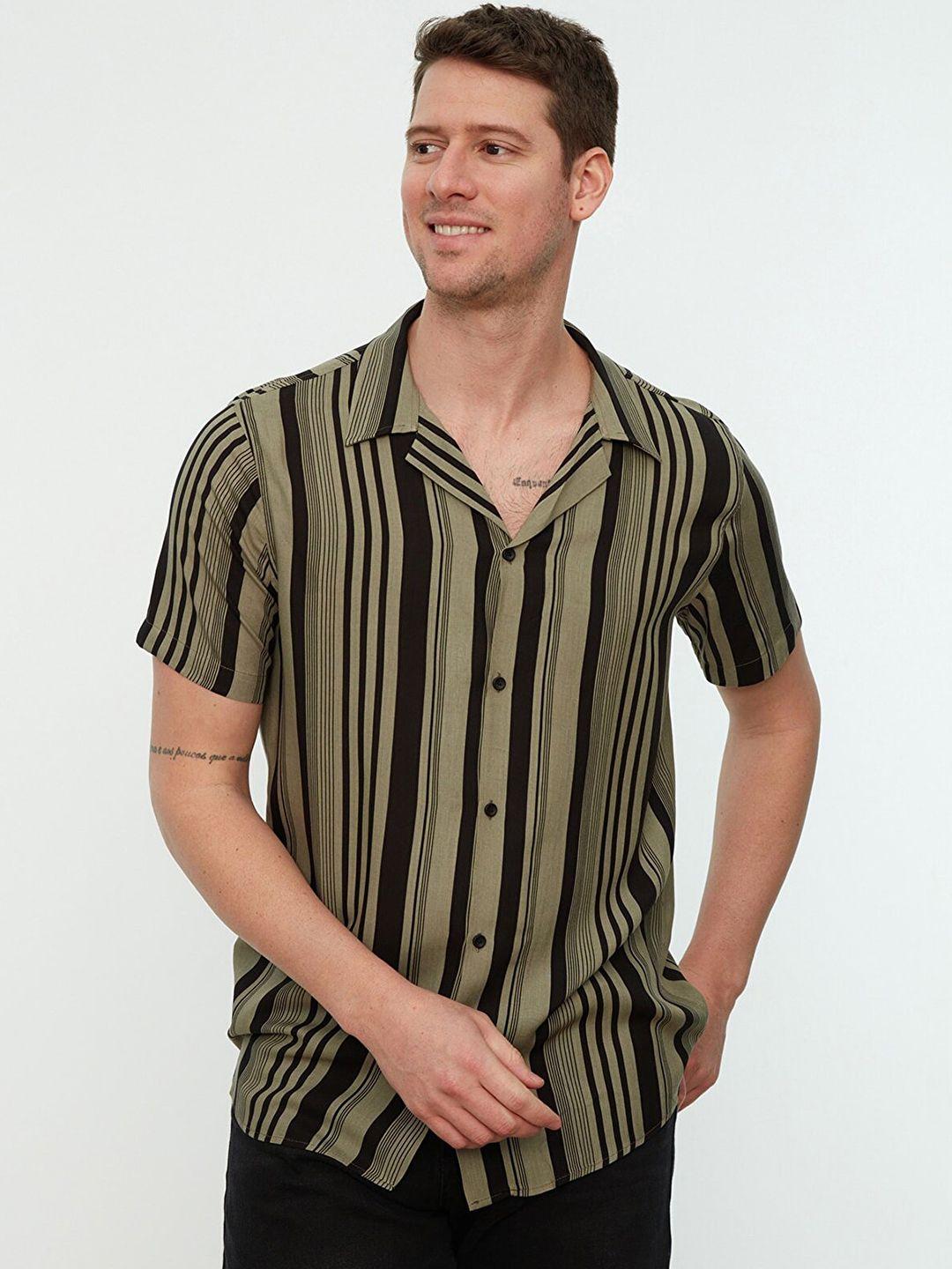 trendyol men khaki striped casual shirt