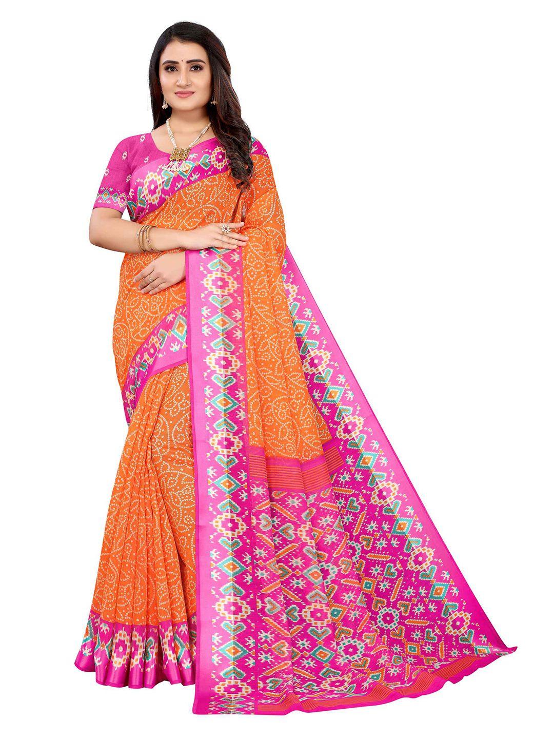 aadvika orange & pink bandhani linen blend ready to wear saree