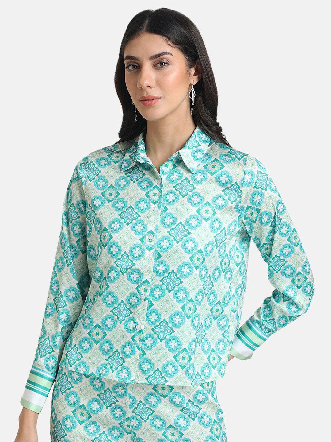 kazo women green classic floral printed casual shirt