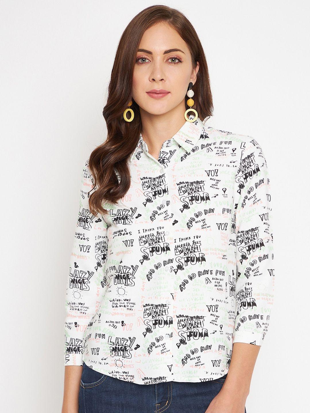 madame women white printed casual shirt