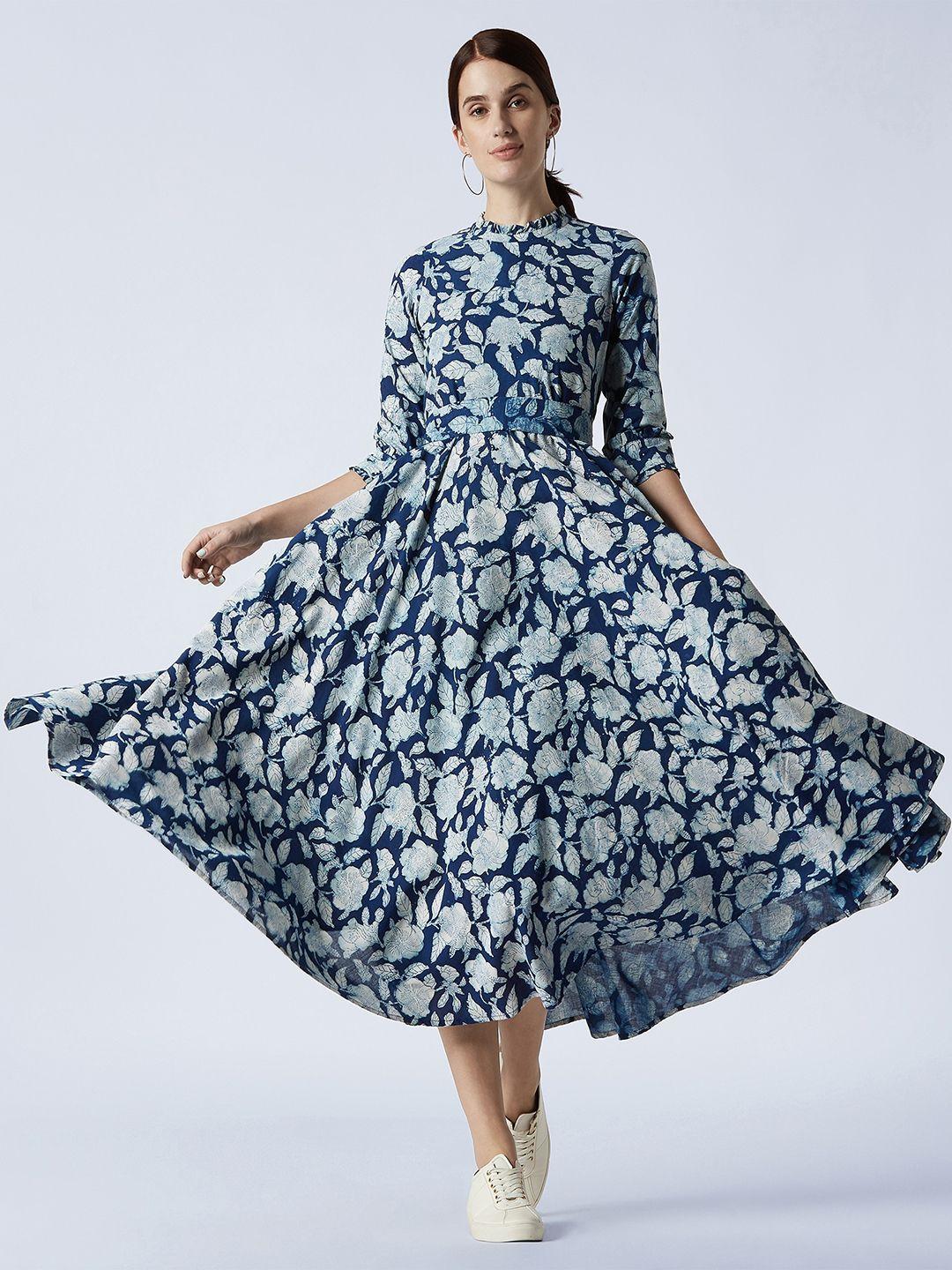 okhai blue & white floral hand block printed cotton midi dress