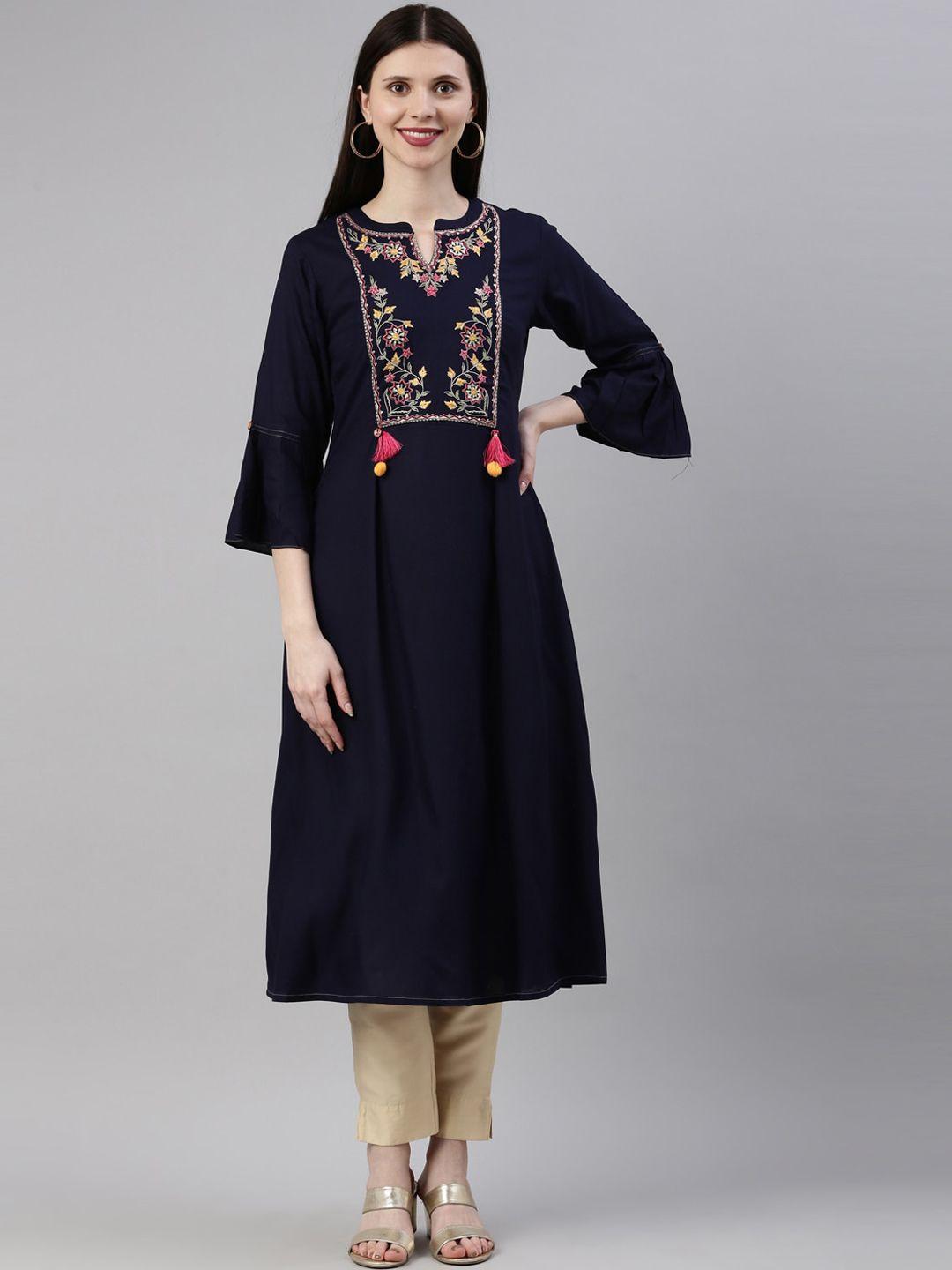 neerus navy blue floral embroidered flared sleeves floral kurta