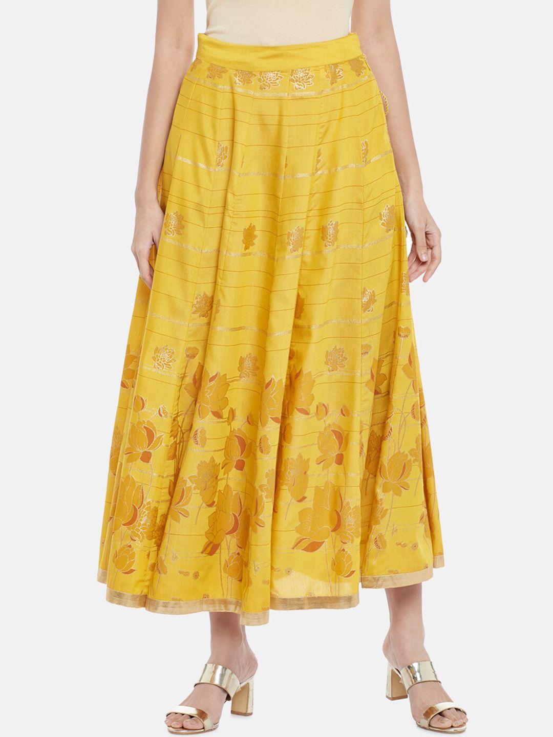 akkriti by pantaloons women mustard & brown printed flared maxi length skirt