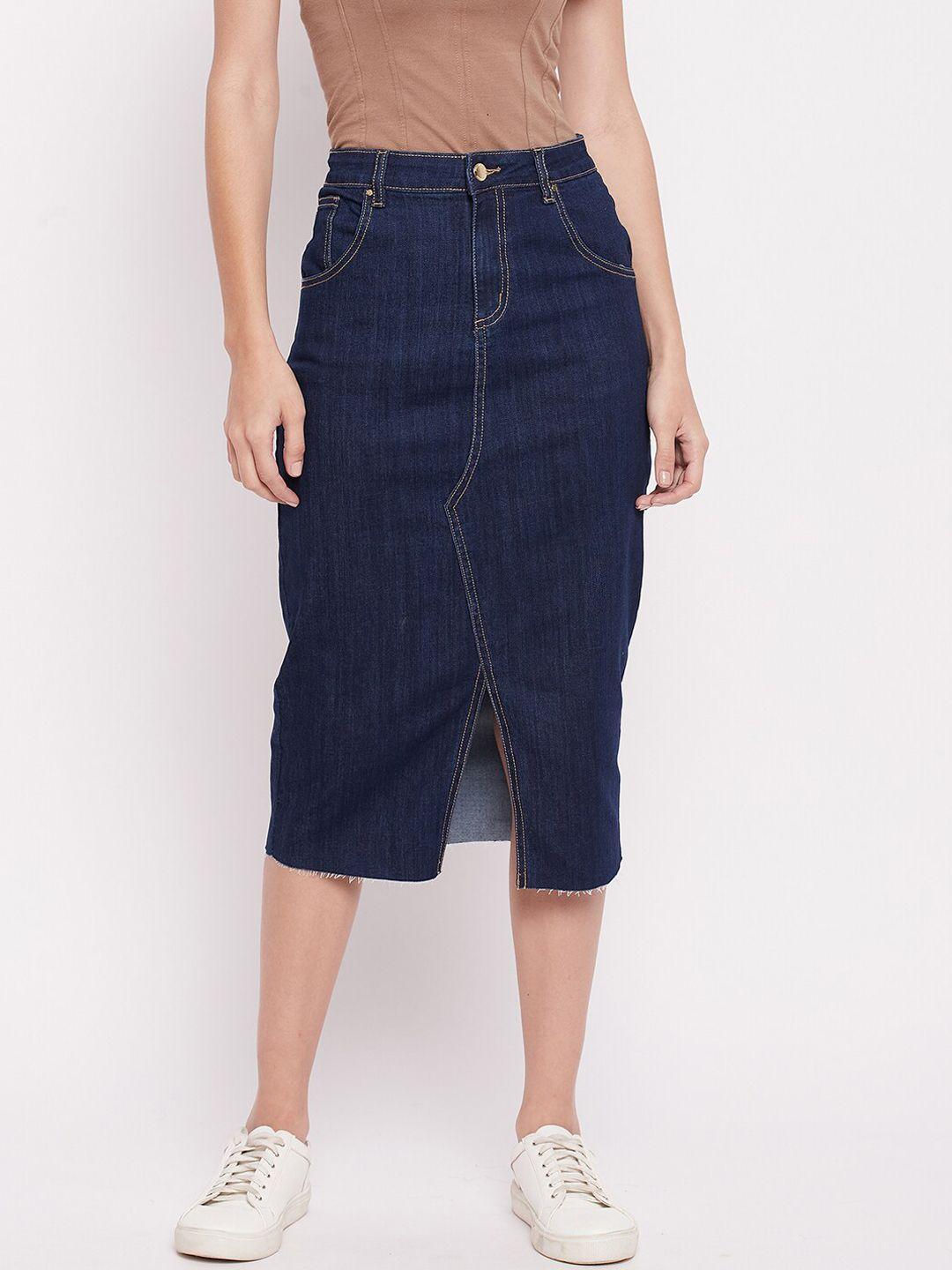 madame women navy blue solid denim skirt