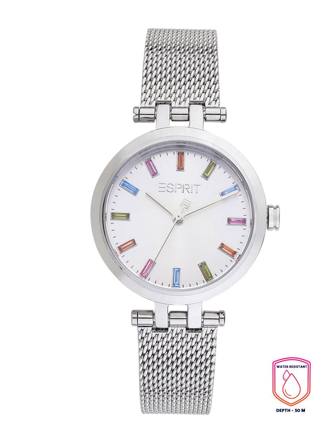 esprit women silver-toned mother of pearl dial & silver toned stainless steel bracelet style straps analogue watch