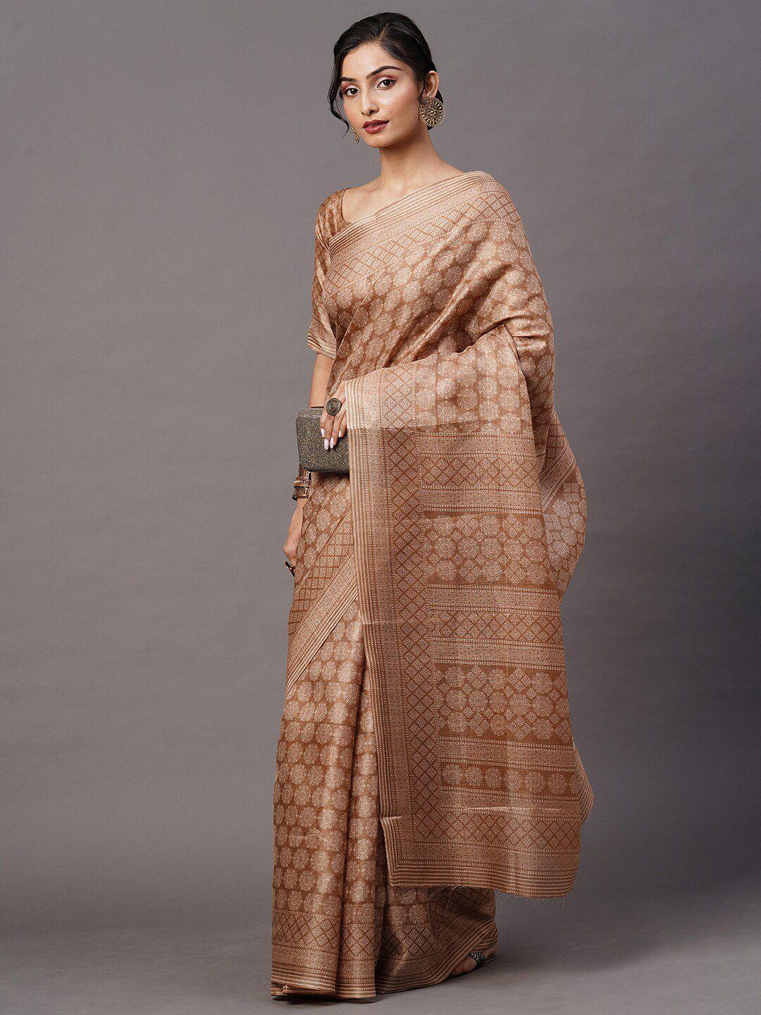 mitera beige ethnic motifs silk blend bhagalpuri saree