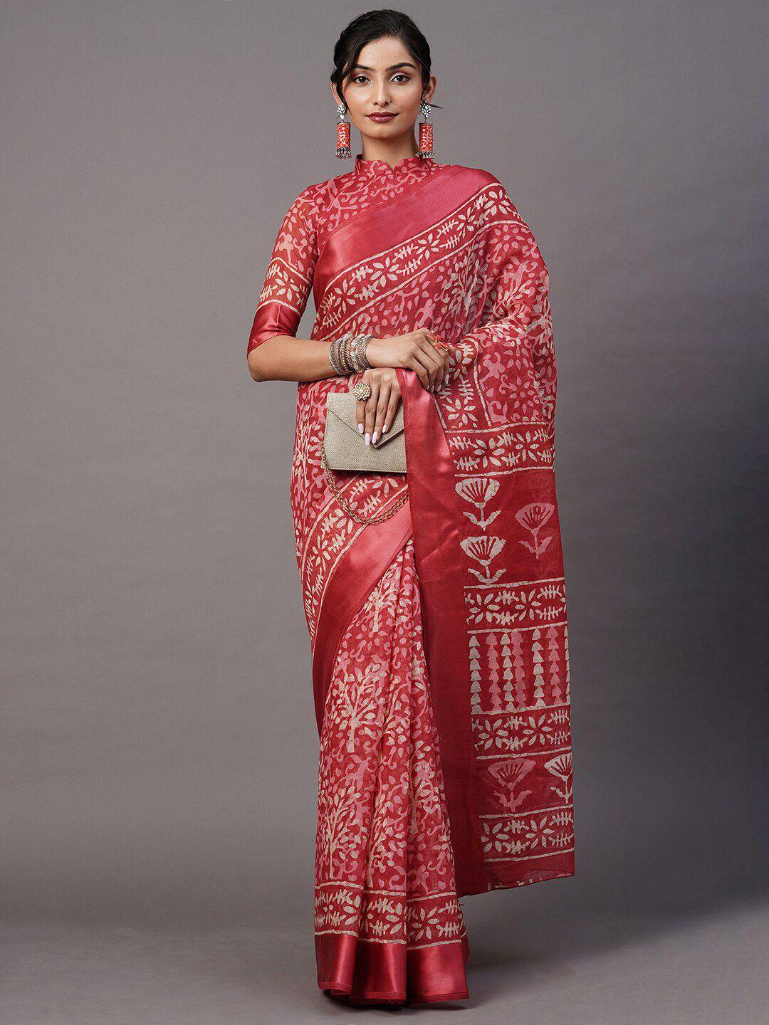 mitera magenta & white cotton blend ethnic printed batik ikat saree