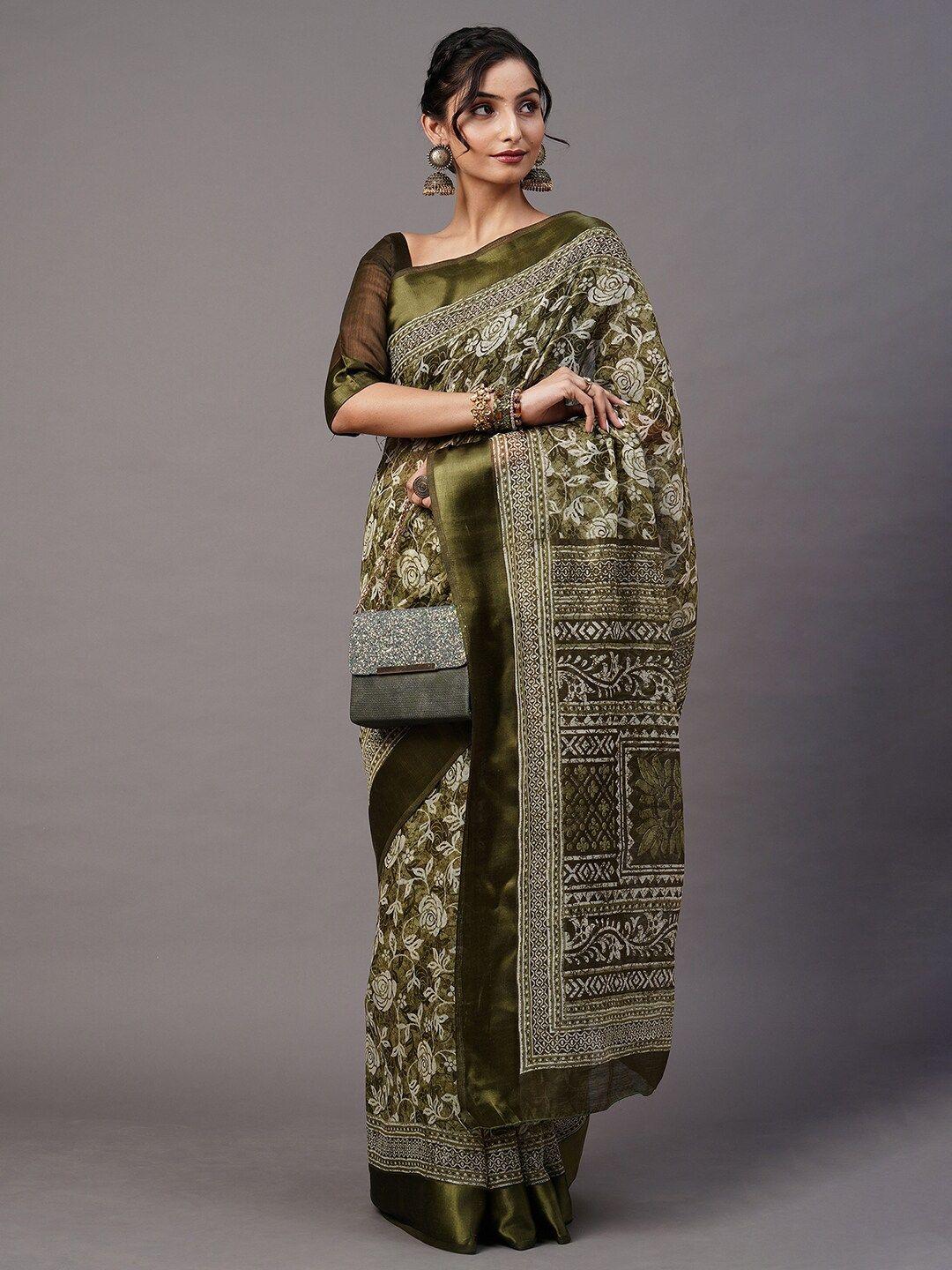 mitera olive green & cream-coloured floral printed cotton ikat saree