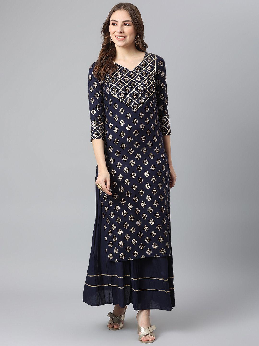 kalini women navy blue ethnic motifs printed gotta patti kurta with skirt