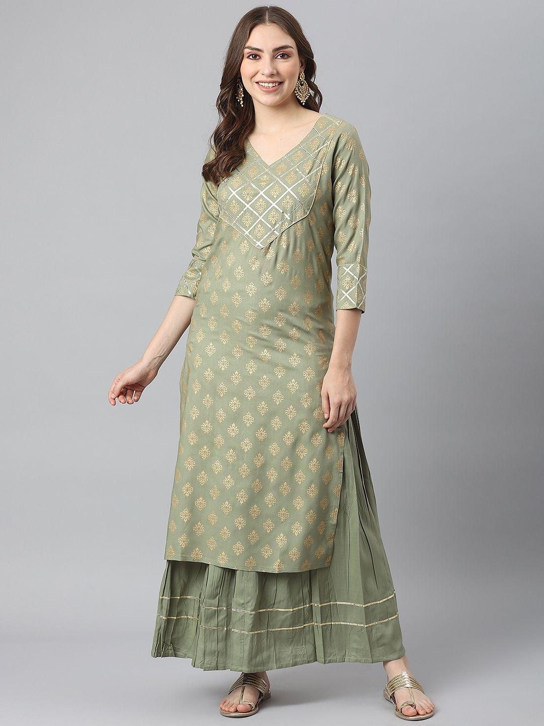 kalini women green ethnic motifs printed gotta patti kurta with skirt