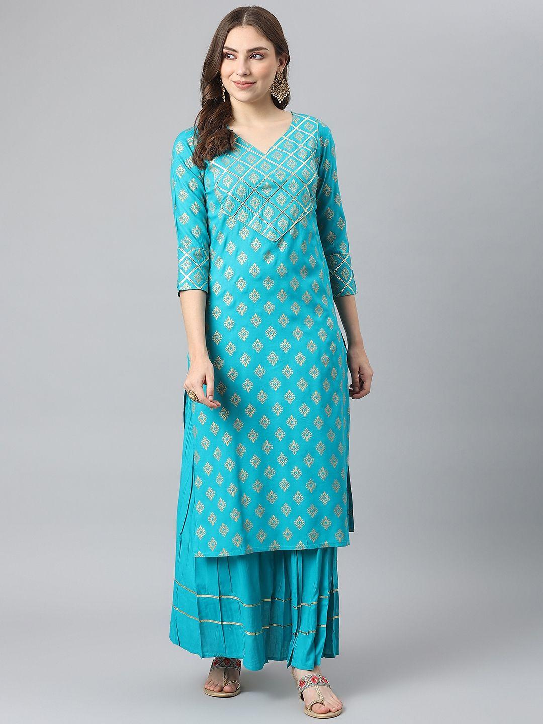 kalini women turquoise blue ethnic motifs printed gotta patti kurta with skirt