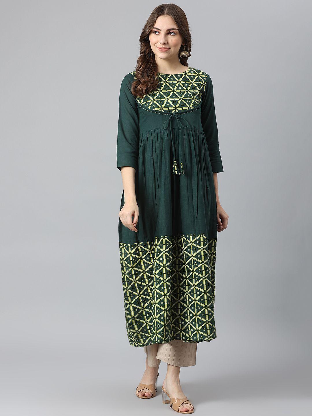 kalini women green geometric printed anarkali kurta