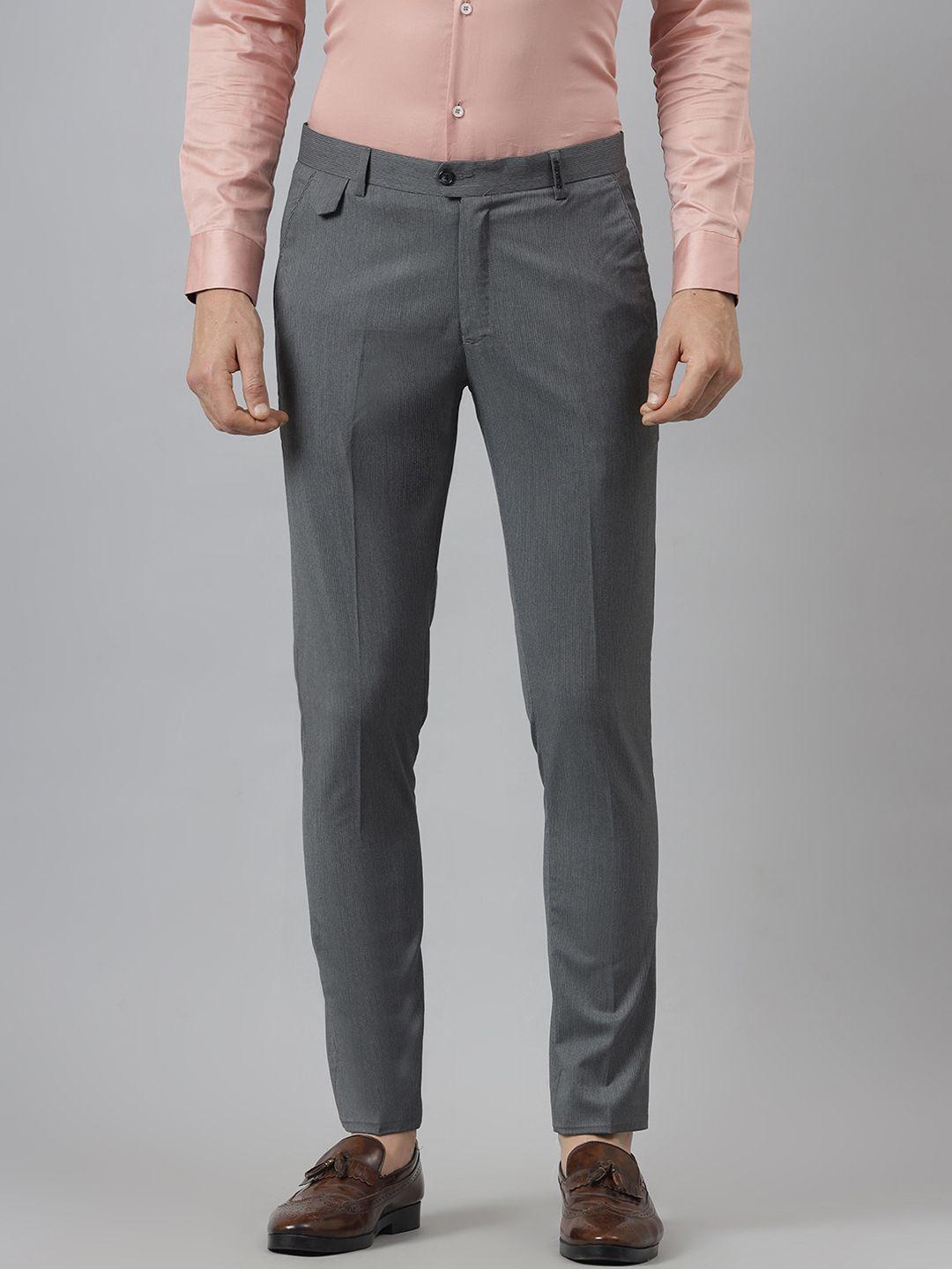 mr button men grey solid slim fit trousers