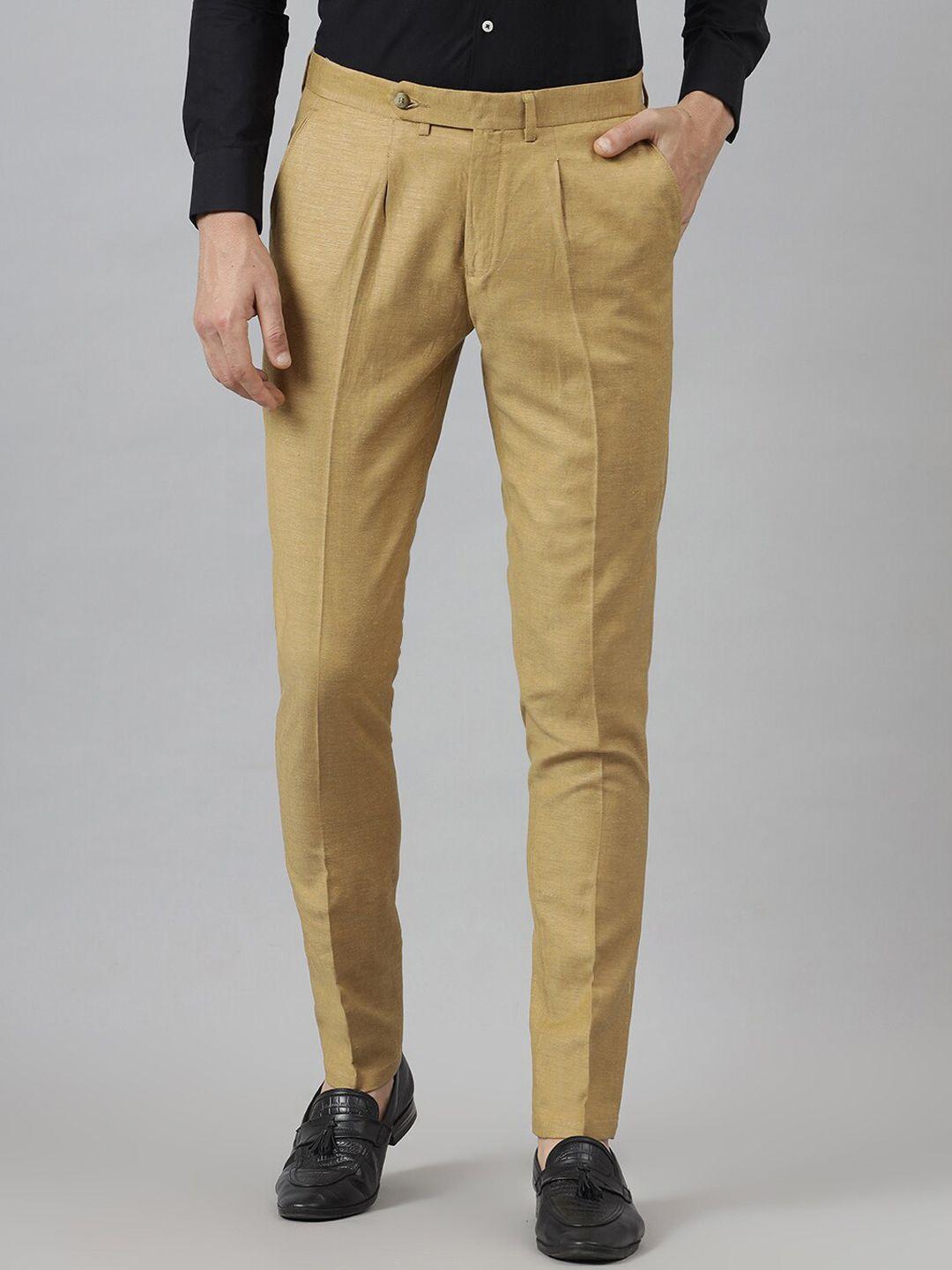 mr button men beige slim fit pleated trousers