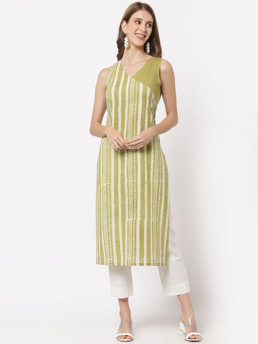 kami kubi women olive green & white striped straight kurta