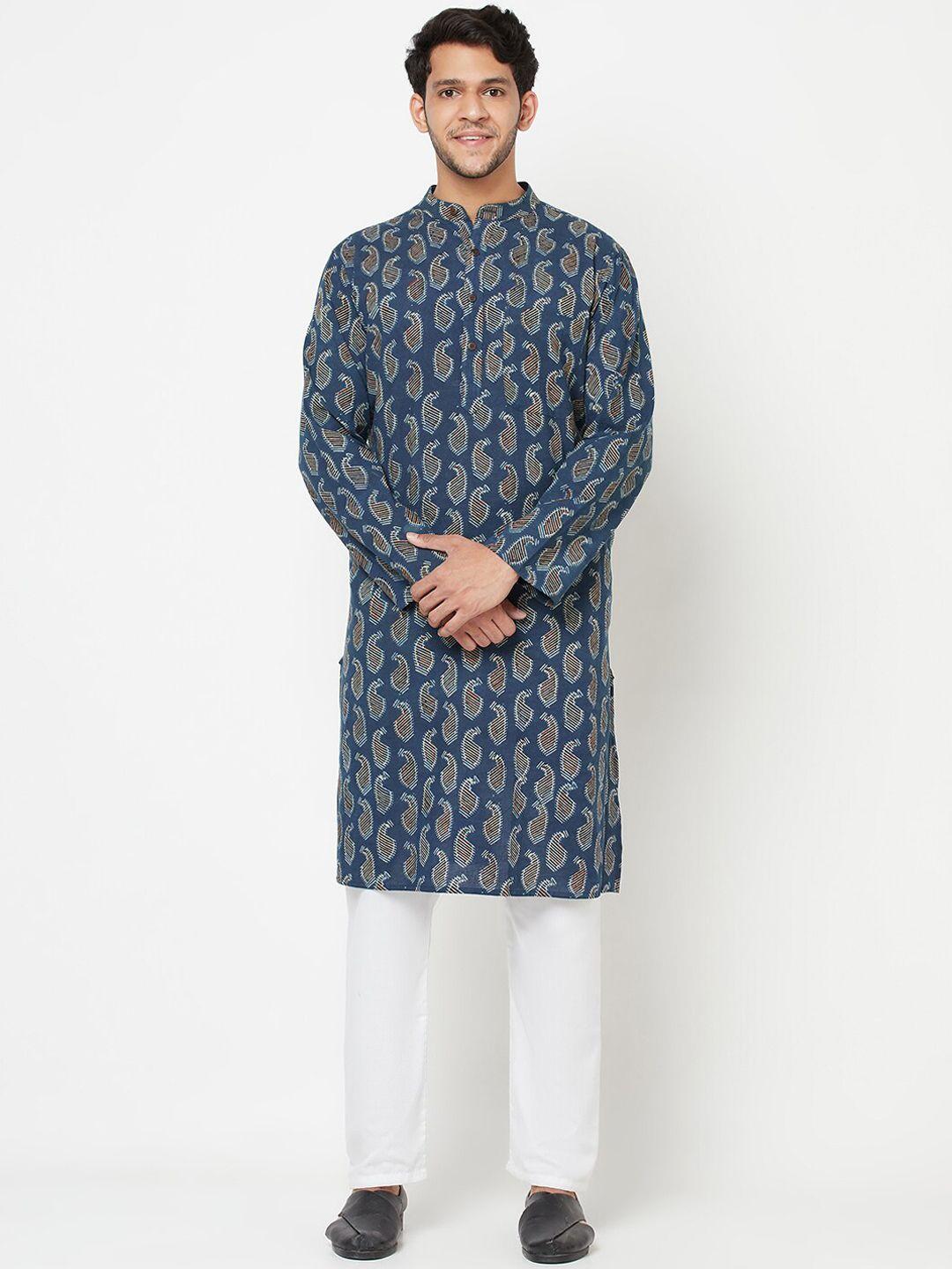 fabindia men blue paisley printed cotton kurta