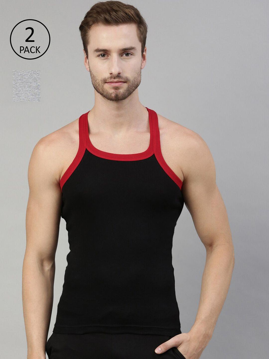 dixcy scott men pack of 2 grey & black solid combed cotton gym vests