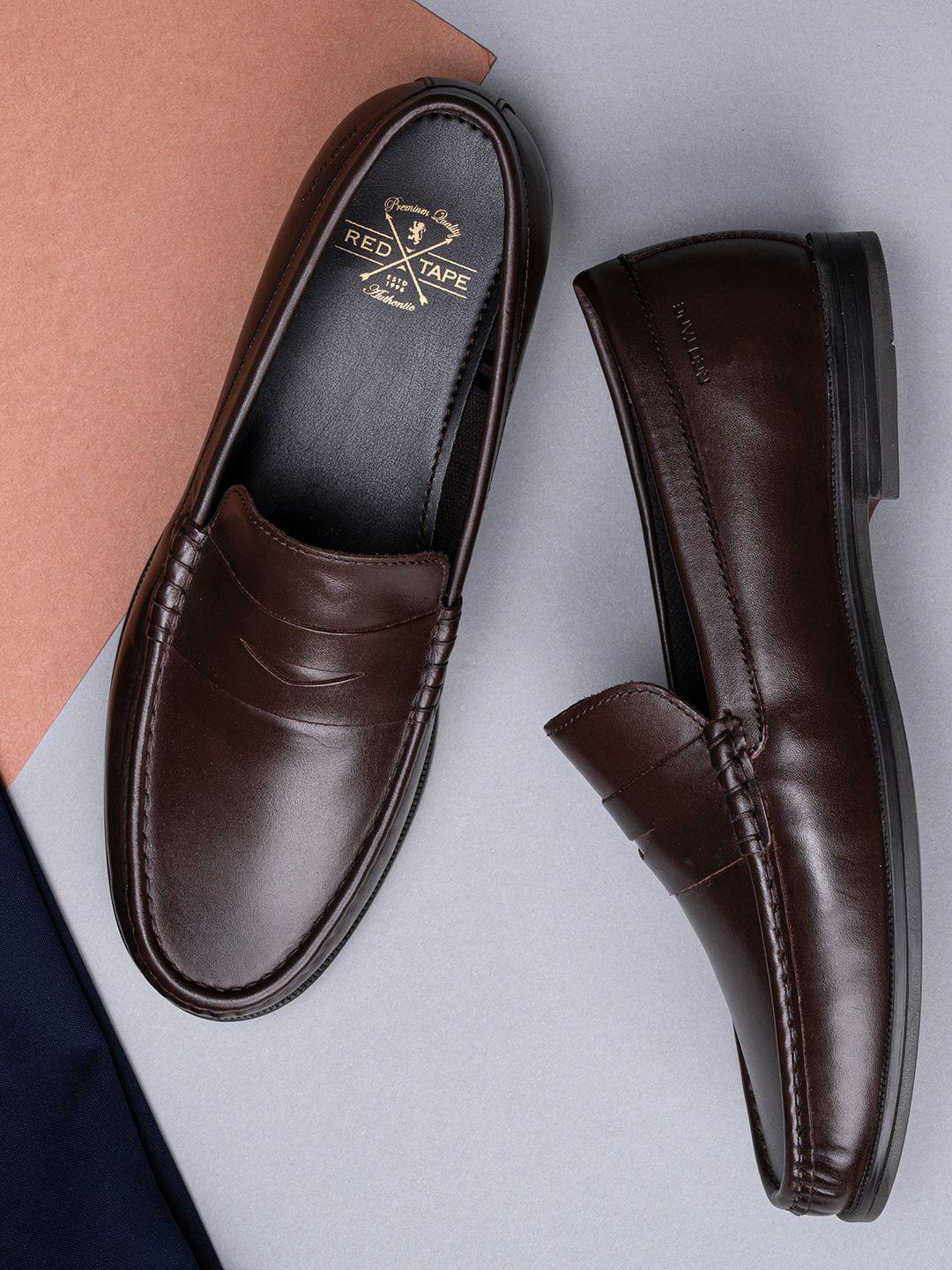 red tape men brown solid leather formal loafers